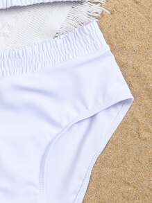 Conjunto de bikini con hombro descubierto fruncido de color liso para niña preadolescente, para playa de verano - Blanco - Ver 3