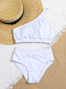 Conjunto de bikini con hombro descubierto fruncido de color liso para niña preadolescente, para playa de verano - Blanco - Ver 5