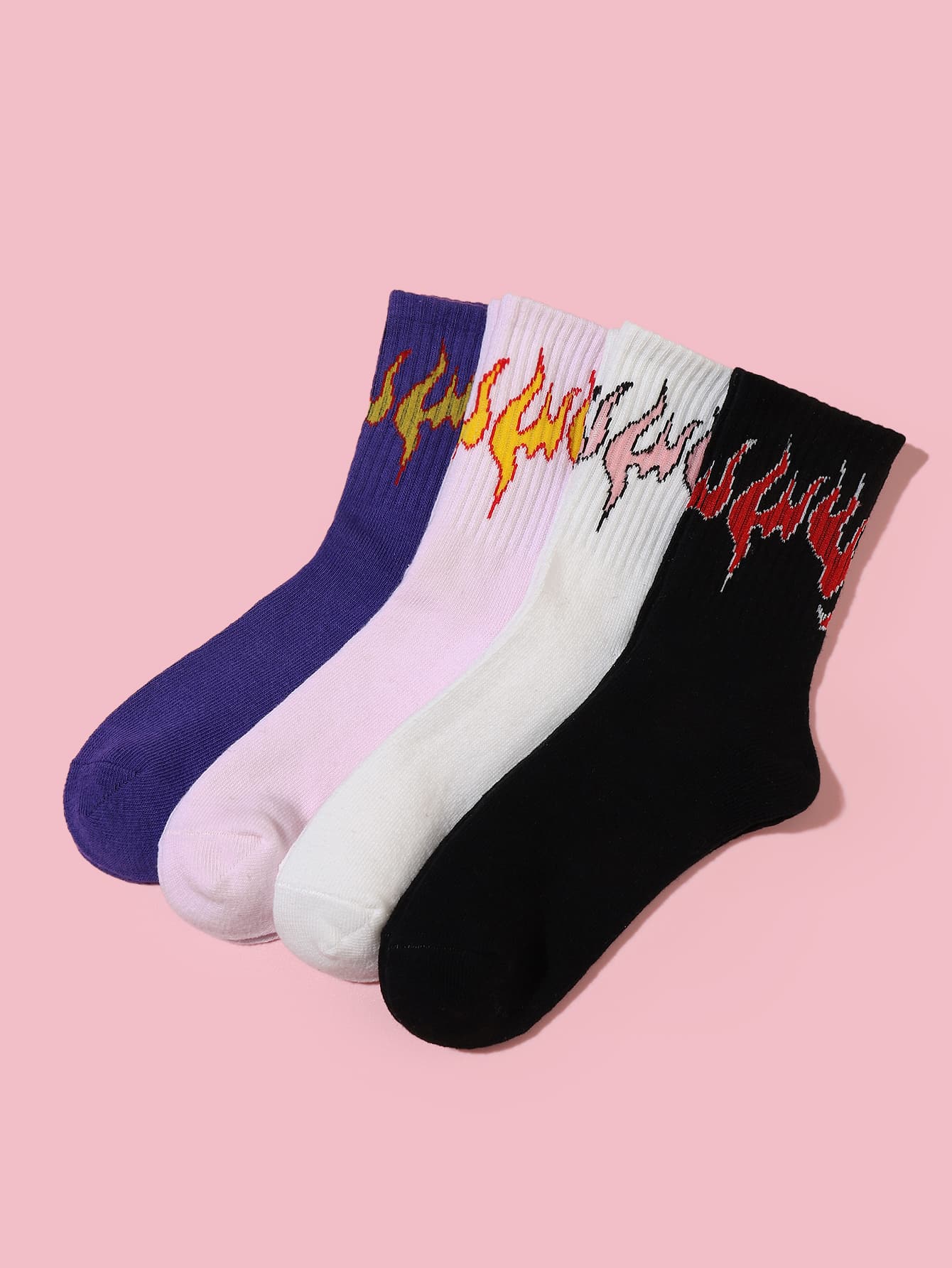 4 双儿童火焰提花袜子，设计可爱，舒适透气，适合户外运动，四季皆宜 - 彩色 - 查看 1