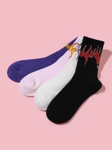 4 双儿童火焰提花袜子，设计可爱，舒适透气，适合户外运动，四季皆宜 - 彩色 - 查看 3