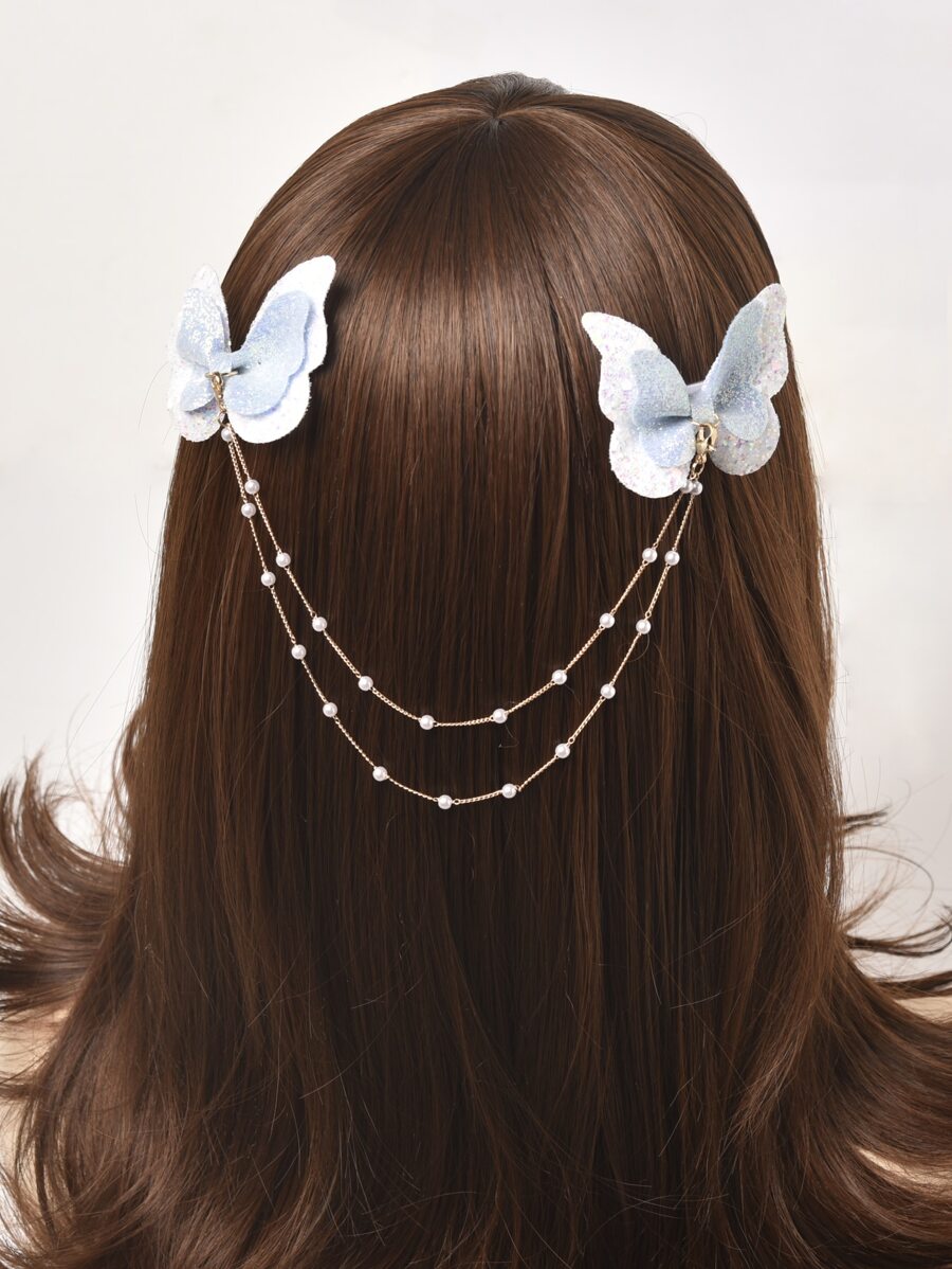 1 pieza para el cabello de chicas con clip en forma de mariposa elegante y colorida con cadena de perlas - Azul - Ver 1