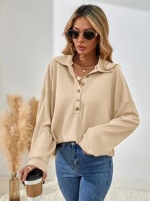 SHEIN LUNE Half Button Drop Shoulder Tee - Apricot - View 1