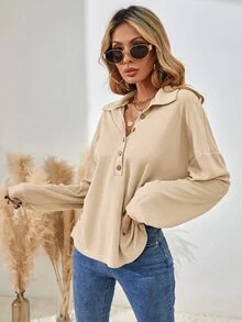 SHEIN LUNE Half Button Drop Shoulder Tee - Apricot - View 3