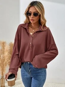 SHEIN LUNE Half Button Drop Shoulder Tee - Redwood - View 1