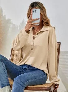 SHEIN LUNE Half Button Drop Shoulder Tee - Apricot - View 4