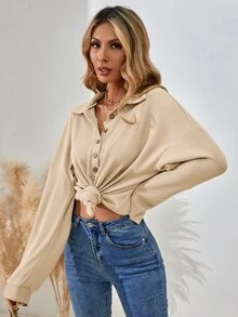 SHEIN LUNE Half Button Drop Shoulder Tee - Apricot - View 5