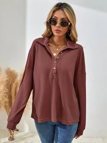 SHEIN LUNE Half Button Drop Shoulder Tee - Redwood - View 4
