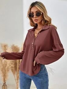 SHEIN LUNE Half Button Drop Shoulder Tee - Redwood - View 5