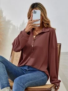 SHEIN LUNE Half Button Drop Shoulder Tee - Redwood - View 6