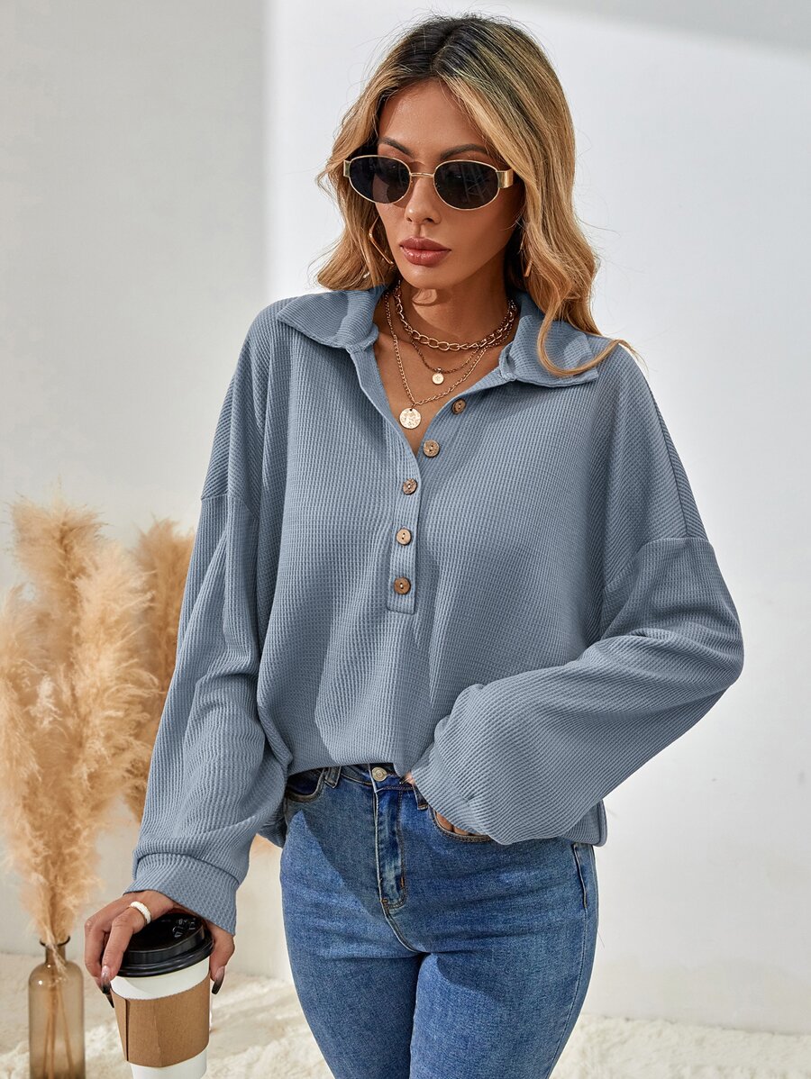 SHEIN LUNE Half Button Drop Shoulder Tee - Dusty Blue - View 1