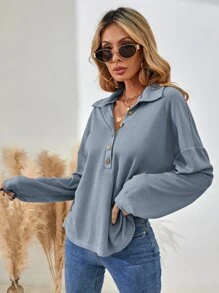 SHEIN LUNE Half Button Drop Shoulder Tee - Dusty Blue - View 3
