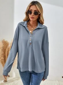 SHEIN LUNE Half Button Drop Shoulder Tee - Dusty Blue - View 4