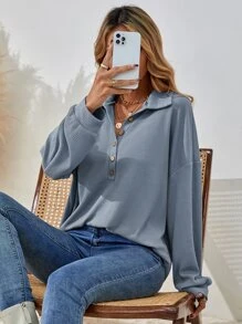 SHEIN LUNE Half Button Drop Shoulder Tee - Dusty Blue - View 6