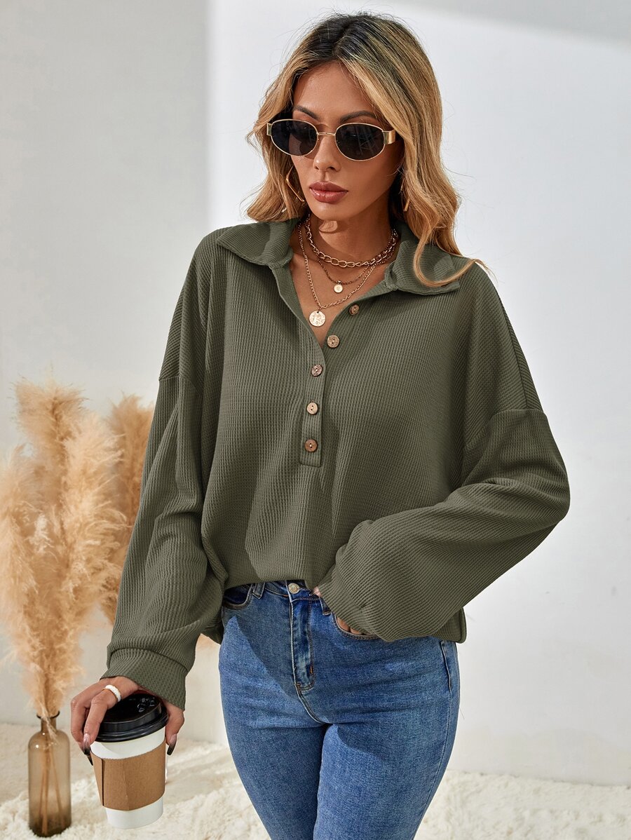 SHEIN LUNE Half Button Drop Shoulder Tee Fall Cloth For Women - Army Green - View 1