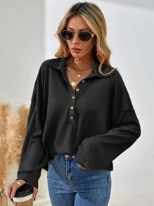 SHEIN LUNE Half Button Drop Shoulder Tee - Black - View 1