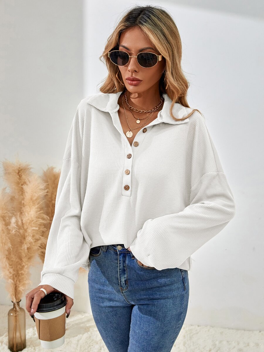 SHEIN LUNE Half Button Drop Shoulder Tee - White - View 1