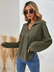 SHEIN LUNE Half Button Drop Shoulder Tee Fall Cloth For Women - Army Green - View 5