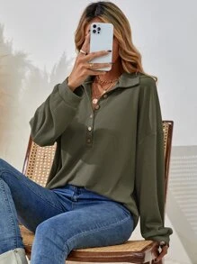 SHEIN LUNE Half Button Drop Shoulder Tee Fall Cloth For Women - Army Green - View 6