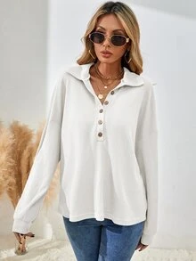SHEIN LUNE Half Button Drop Shoulder Tee - White - View 3