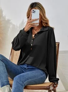 SHEIN LUNE Half Button Drop Shoulder Tee - Black - View 3