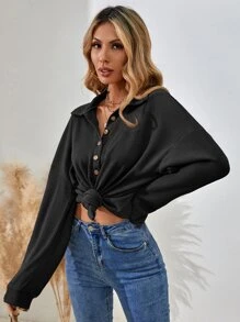 SHEIN LUNE Half Button Drop Shoulder Tee - Black - View 4