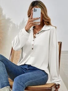 SHEIN LUNE Half Button Drop Shoulder Tee - White - View 4