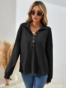 SHEIN LUNE Half Button Drop Shoulder Tee - Black - View 5