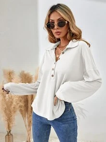 SHEIN LUNE Half Button Drop Shoulder Tee - White - View 6