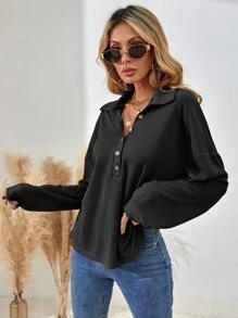 SHEIN LUNE Half Button Drop Shoulder Tee - Black - View 6