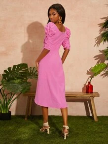 SHEIN Đầm Vắt Xù Dây kéo màu trơn Giải trí - Hồng - Xem 2