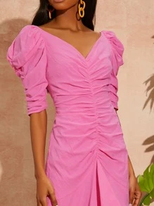 SHEIN Đầm Vắt Xù Dây kéo màu trơn Giải trí - Hồng - Xem 3