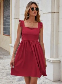 SHEIN VCAY 後背打褶荷葉邊吊帶連衣裙 - 紅色 - 查看 6