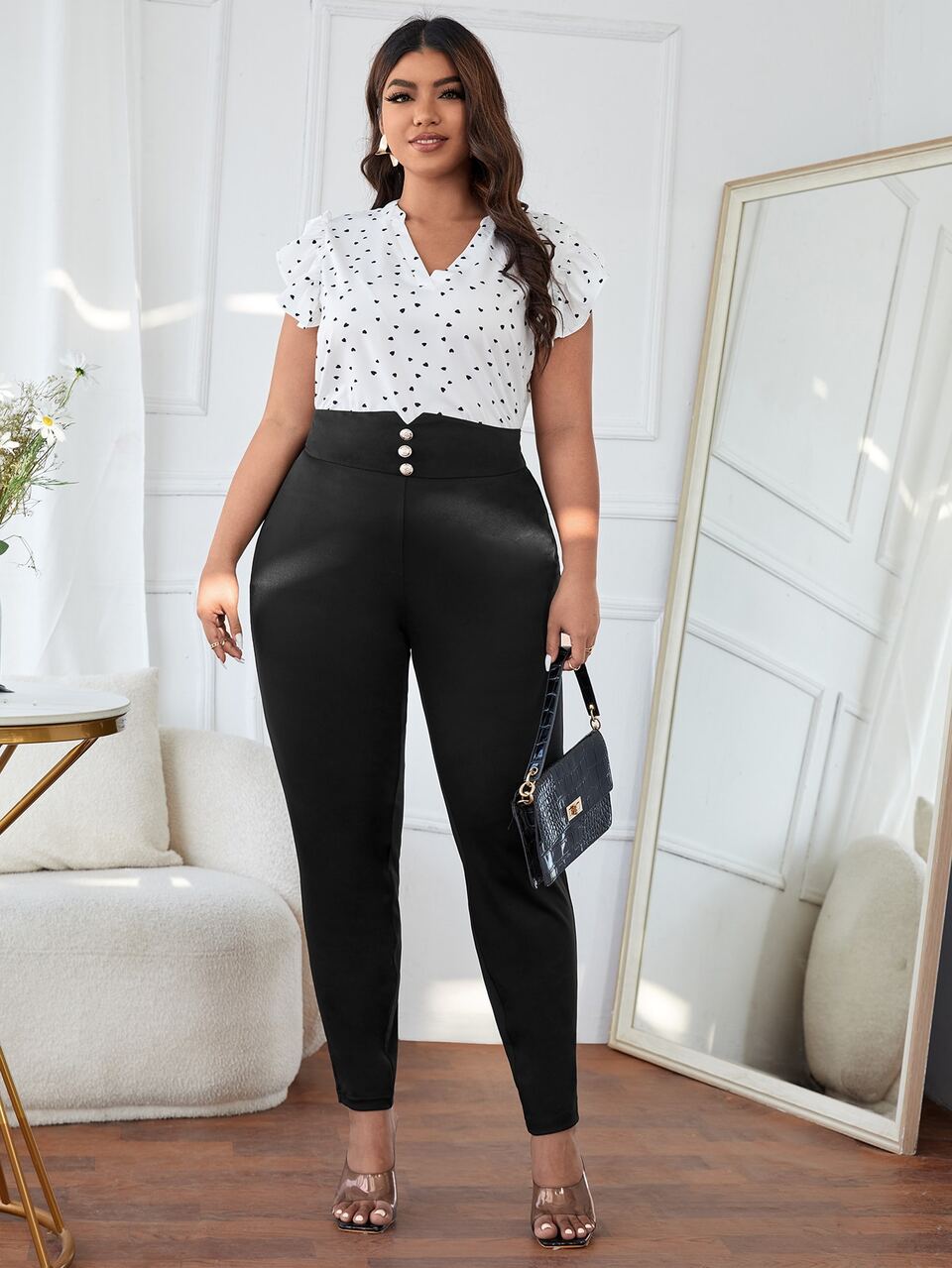 Plus Button Detail High Waist Pants