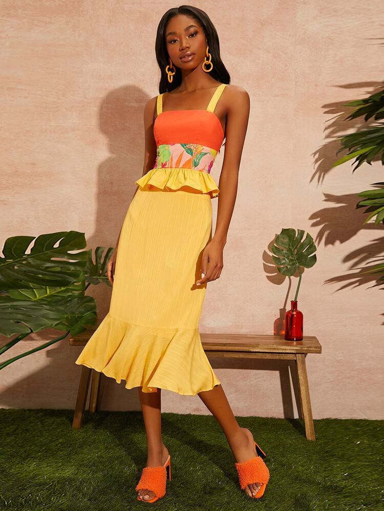 SHEIN Falda de rayas bajo con fruncido - Amarillo - Añade 5