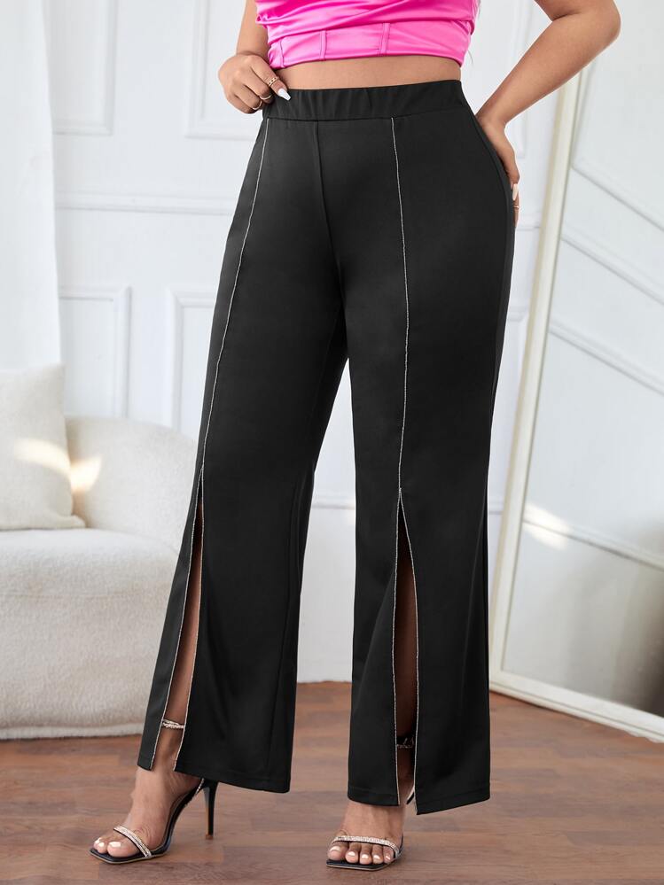 SHEIN Privé Plus Split Thigh Hem Pants - Black - View 1