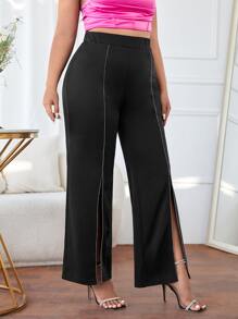 SHEIN Privé Pantalones bajo de muslo con abertura - Negro - Ver 4