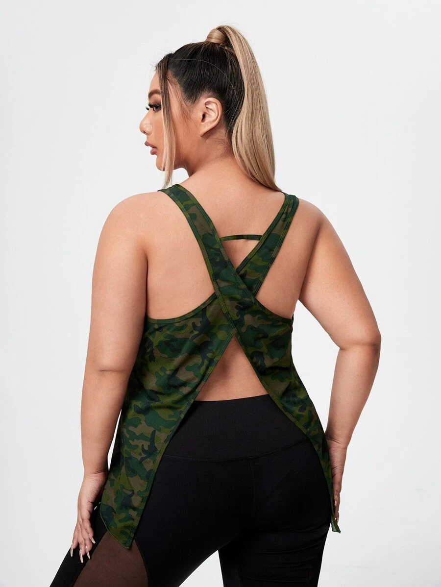 Plus Softness Camo Criss Cross Sports Tank Top - Multicolor - View 1