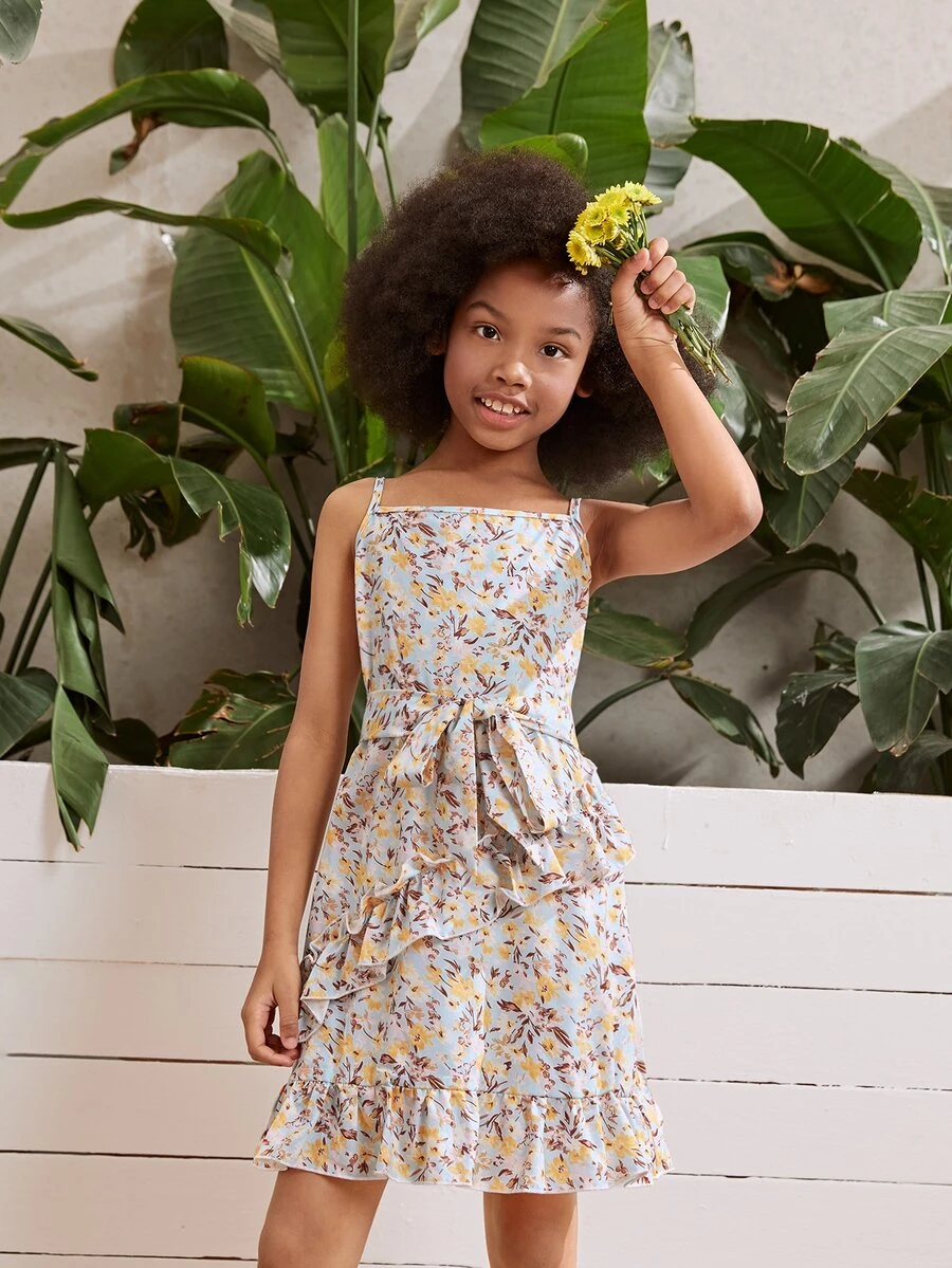 SHEIN Đầm Gái Thắt lưng Viên lá sen Hoa Tất cả trên in Boho - Nhiều màu - Xem 1
