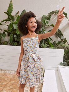 SHEIN Đầm Gái Thắt lưng Viên lá sen Hoa Tất cả trên in Boho - Nhiều màu - Xem 3