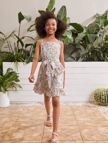 SHEIN Đầm Gái Thắt lưng Viên lá sen Hoa Tất cả trên in Boho - Nhiều màu - Xem 4