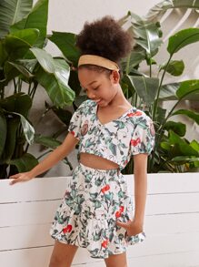 SHEIN Girls Button Front Floral Print Crop Top & Ruffle Hem Skirt Set - Multicolor - View 1