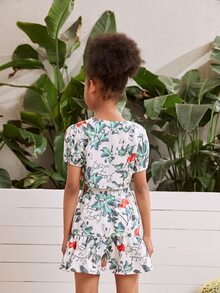 SHEIN Girls Button Front Floral Print Crop Top & Ruffle Hem Skirt Set - Multicolor - View 2