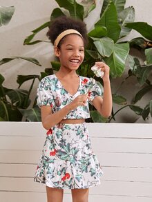 SHEIN Girls Button Front Floral Print Crop Top & Ruffle Hem Skirt Set - Multicolor - View 4
