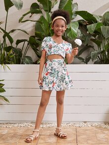 SHEIN Girls Button Front Floral Print Crop Top & Ruffle Hem Skirt Set - Multicolor - View 5