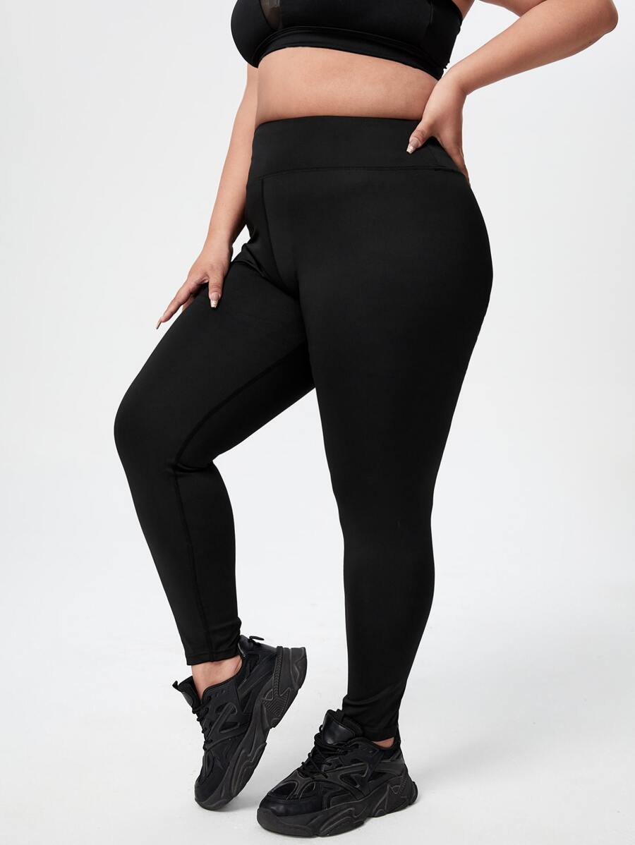 Easithlete Plus Elastic Waist Solid Sports Leggings - Black - View 1
