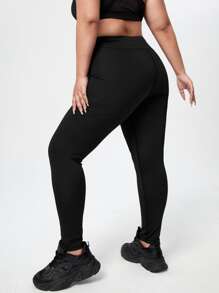 Easithlete Plus Elastic Waist Solid Sports Leggings - Black - View 2