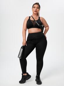 Easithlete Plus Elastic Waist Solid Sports Leggings - Black - View 3