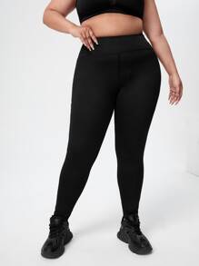 Easithlete Plus Elastic Waist Solid Sports Leggings - Black - View 4