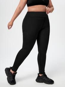 Easithlete Plus Elastic Waist Solid Sports Leggings - Black - View 5