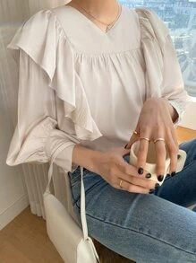 DAZY Blusa unicolor ribete con fruncido de manga obispo - Albaricoque - Ver 1